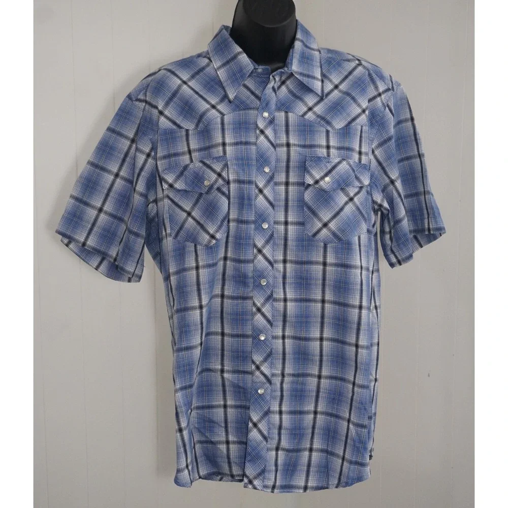 Wrangler Large Short Sleeve Blue Plaid Wrancher Western Snap Shirt